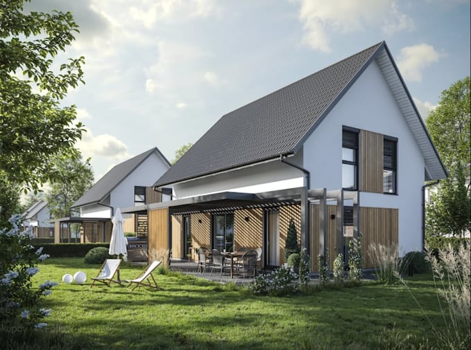 create 3d architectural building design, modern house exterior rendering, cgi