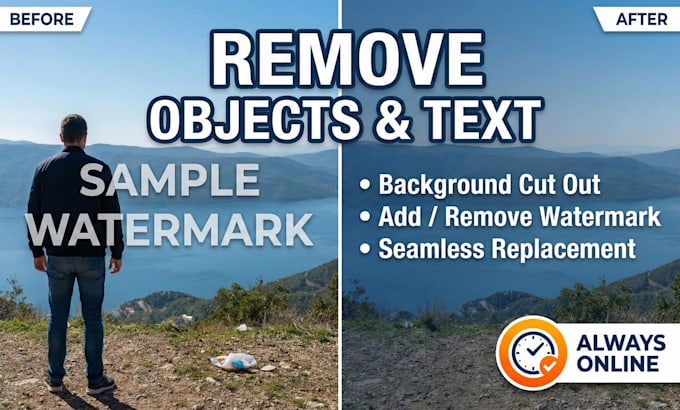 remove unwanted object, text, add watermark, image cut out, cleanup, replacement