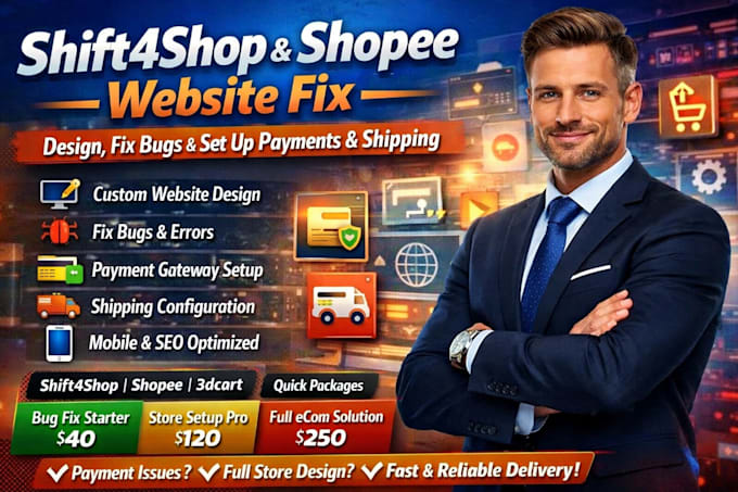 design shift4shop shopee 3dcart website fix website bugs payment shipping setup