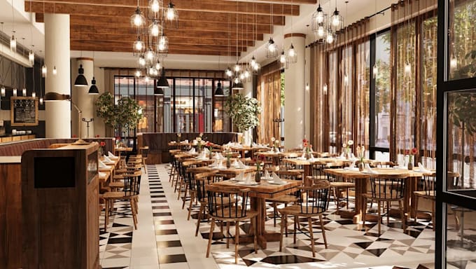 model 3d restaurant interior design, cozy coffee shop render, beam ceiling idea