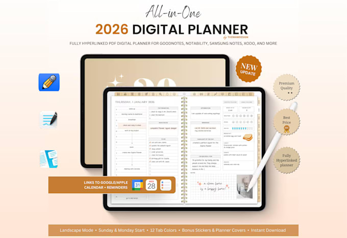 etsy digital planner, hyperlinked planner, etsy digital product, digital planner