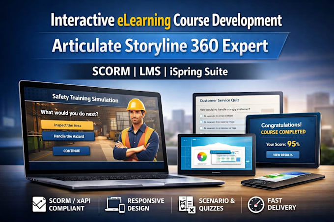 develop interactive elearning course in articulate storyline 360, ispring, scorm