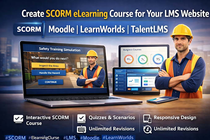 create scorm elearning course for lms website on moodle, learnworlds, talentlms