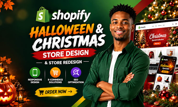 redesign shopify halloween or christmas store for holiday sales, shopify store