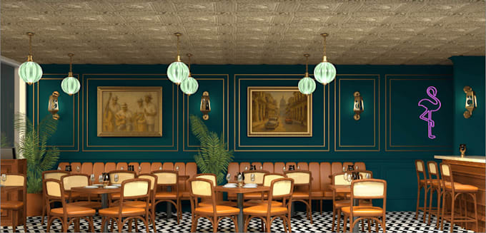design 3d elegant bar design, art deco restaurant decor, lounge interior model
