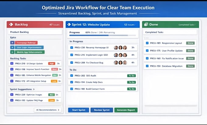 optimize jira task, backlog, and sprint workflow for clear team execution
