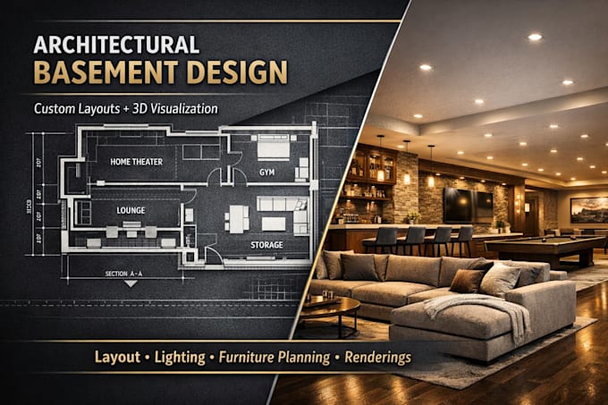 Design custom basement layouts, realistic 3d rendering visualization by ...
