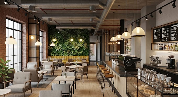 do 3d cafe shop interior rendering, cafe counter, bar design with space planning
