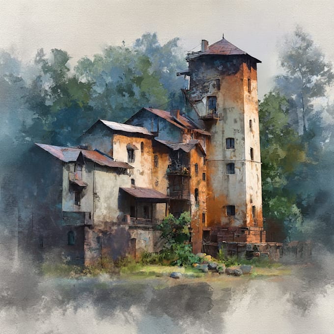 architecture building with watercolor rendering