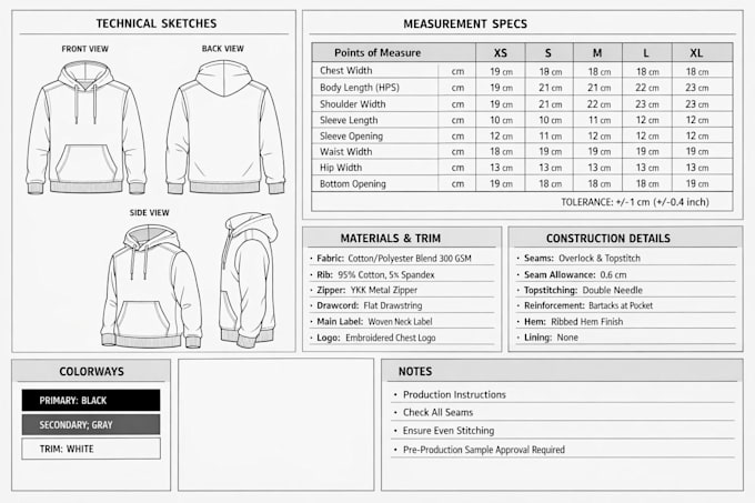 create clothing tech pack and flat sketch for apparel manufacturing