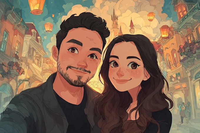 draw a couple portrait in disney characters