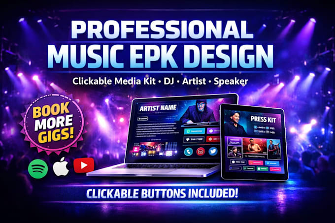 design music epk, media kit with clickable buttons