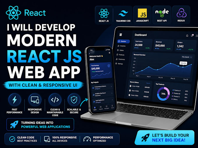 develop a professional react js website with clean UI