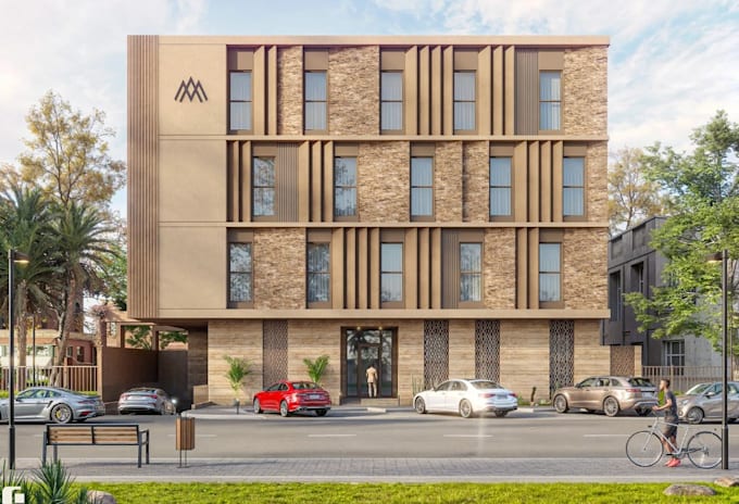 repurpose residential building,apartment complex rendering,modern facade remodel