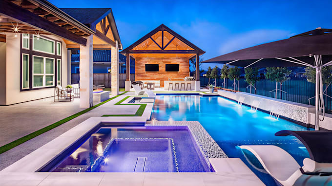 3d landscape rendering for backyard landscape design, 3d pergola, pool design