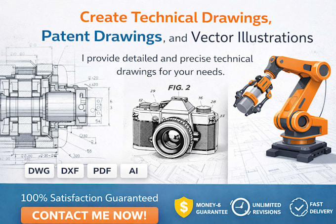 create technical drawings, patent drawings, and vector illustrations