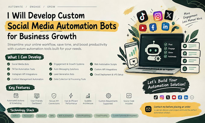 do custom social media bot, tiktok bot, twitter bot, instagram bot, youtube bot