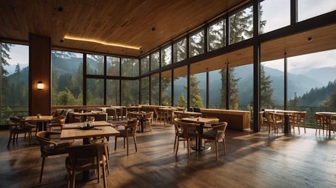 remodel restaurant interior exterior layout, kitchen, cafe, dining space render