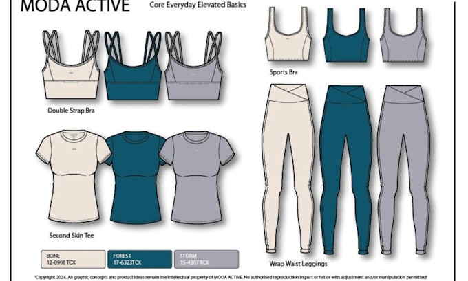 design activewear tech pack with technical drawing and flat sketch