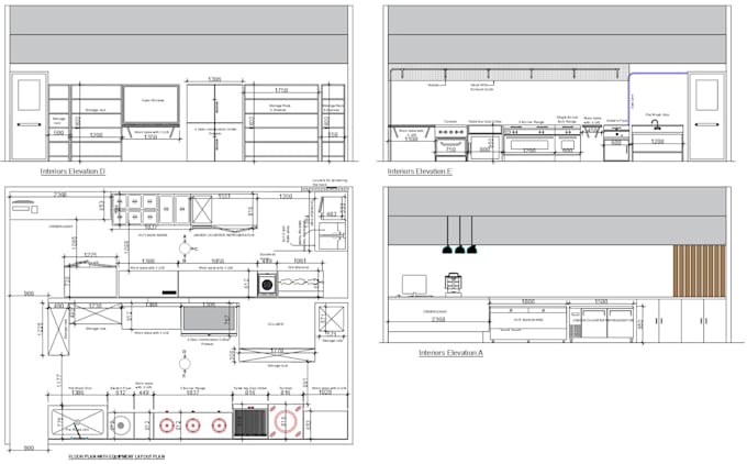 create kitchen 2d floor plan, cabinet elevations with measurements
