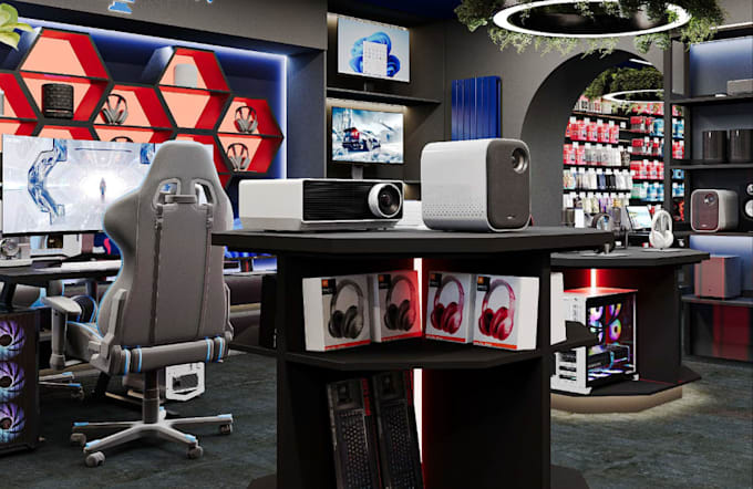 craft 3d electronic showroom interior,retail design,cgi gadget store render,mall