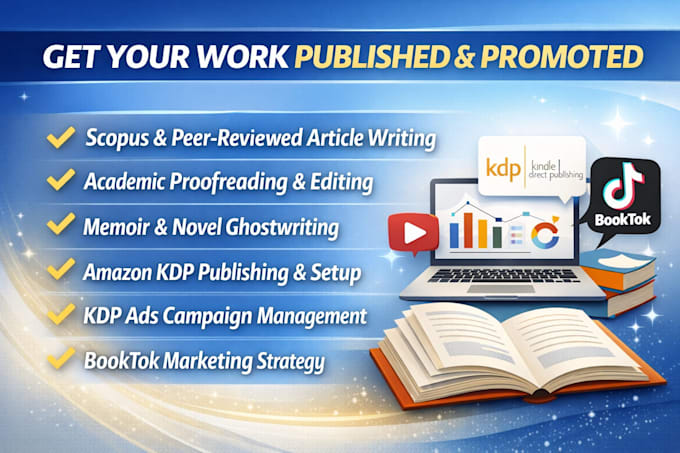 write, edit, promote, scopus peer reviewed article, amazon KDP, booktok campaign