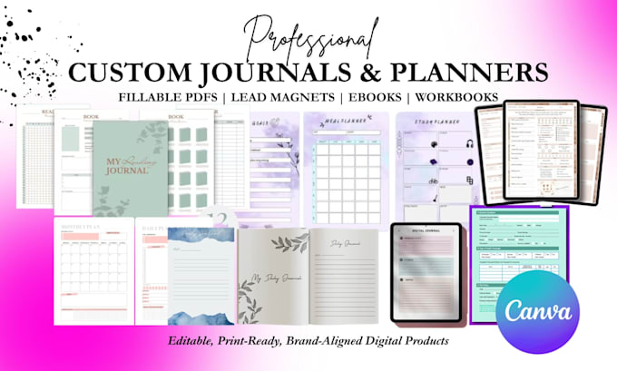 do custom journal design fillable pdf ebook design cover planner, lead magnet