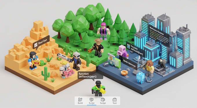 build roblox game, roblox map, roblox script, model, environment UI monetization