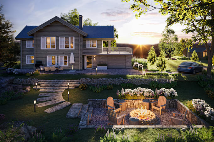 create model and render exterior, interior and 3d floorplan