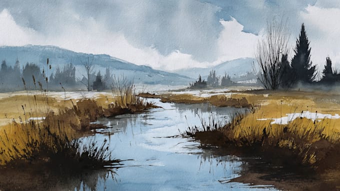 handrawn watercolor landscape on paper