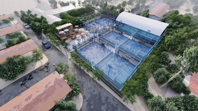 remodel padel court complex,sport complex render, layout plan,outdoor bar,tennis