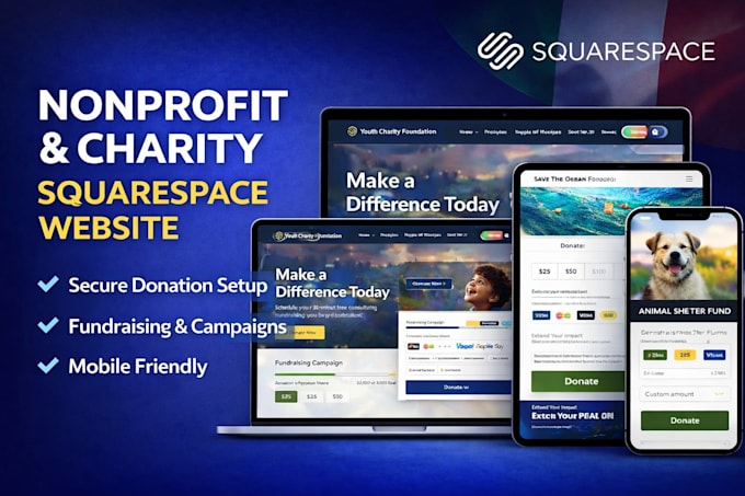 design and redesign squarespace nonprofit or charity website with donation setup