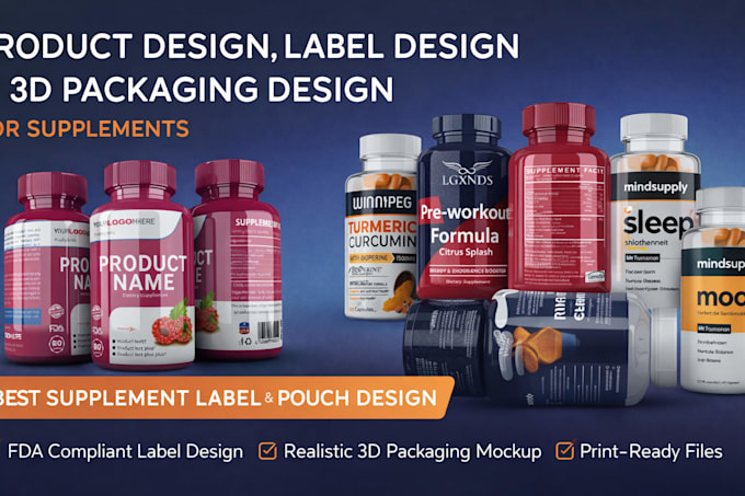 do product design label design and 3d packaging design for supplements