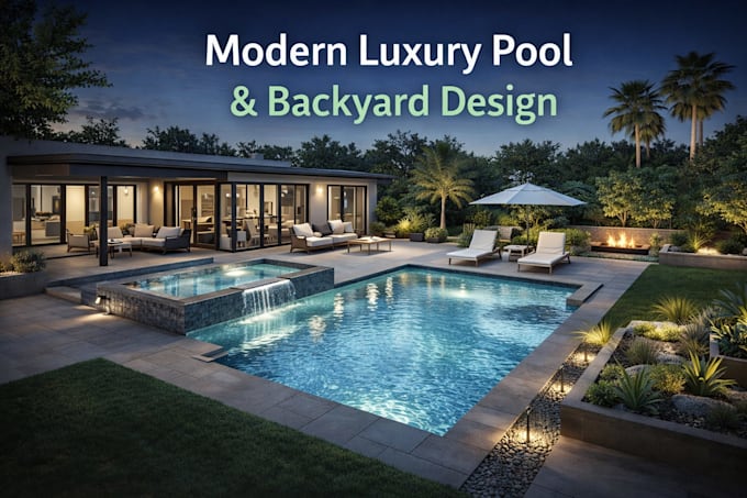 l create modern luxury pool design and backyard landscape plan