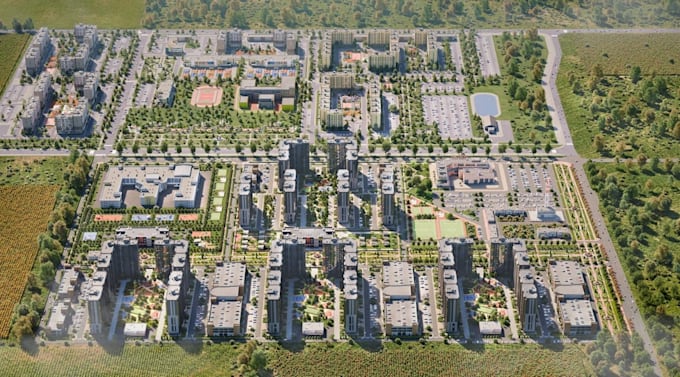 detailed site layout residential development,high rise building, driveway render