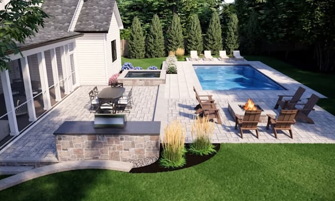 do landscape design or backyard landscape design, outdoor, garden, 3d rendering