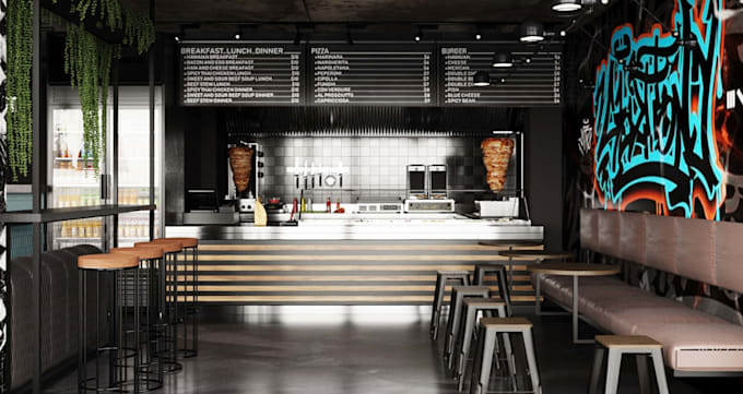 visualize 3d cafe loft interior,fast food restaurant,cgi bar lounge design,lobby