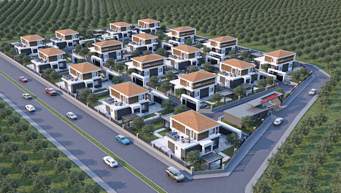 construct 3d residential site,housing development,coutyard render,villa exterior
