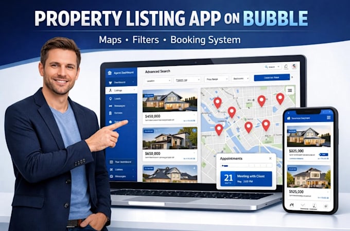 create property listing app on bubble agent maps, search filter, appointment