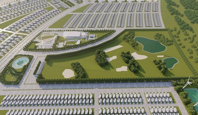 present 3d city masterplan, cgi housing infrastructure, residential development