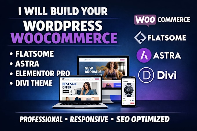 build wordpress woocommerce website with flatsome astra elementor pro divi theme