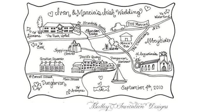 Design custom hand drawn watercolor wedding and event map illustration ...