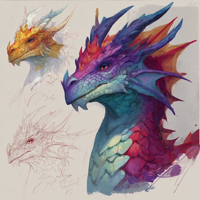 draw concept art for characters, dragons