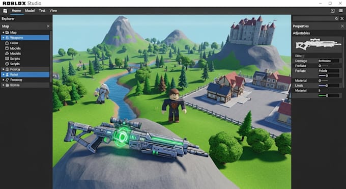 develop roblox game with lua scripting, map, weapon, accessories, 3d model gui