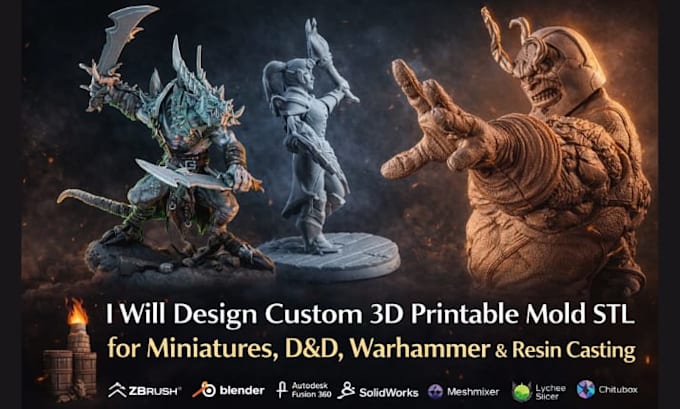 do custom 3d printable mold stl for miniatures, dnd, warhammer, resin casting
