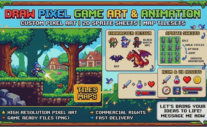 Draw pixel game art pixel art animation 2d sprite sheet pixel map ...