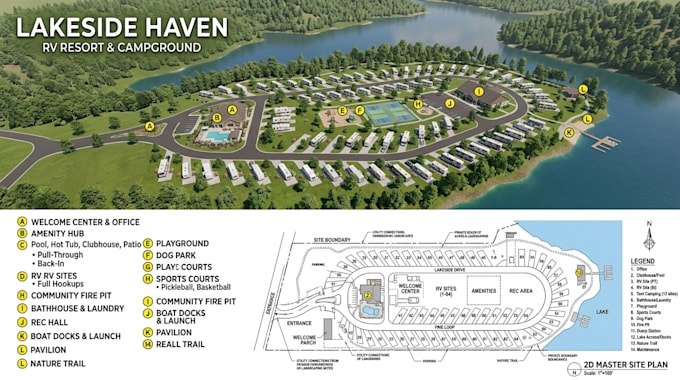 design rv park master plan site and campground with 2d plan, render
