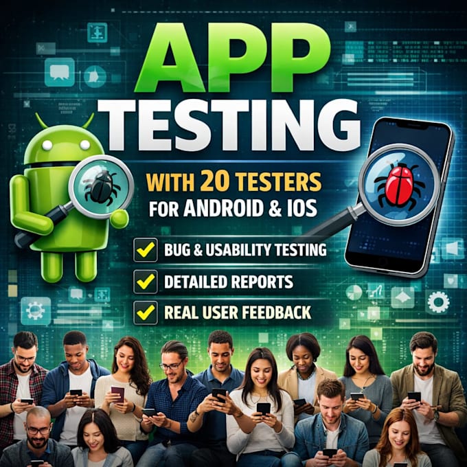 do app testing with 20 tester, for android, ios, bug and usability testing
