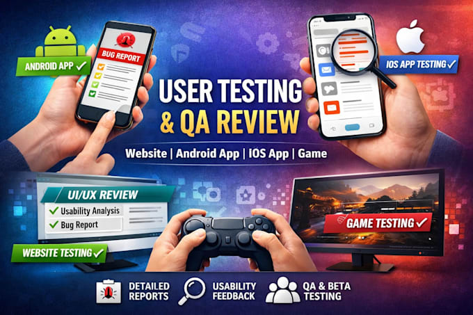 do user testing and review website, android app ios, app game, QA review