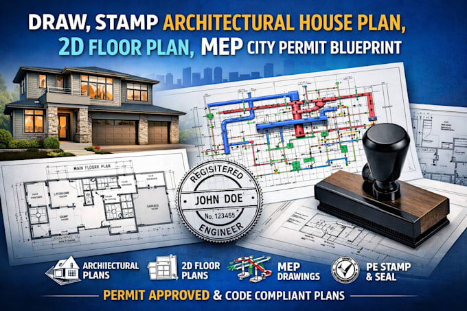 Draw, pe stamp architectural house plan, 2d floor plan mep city permit ...